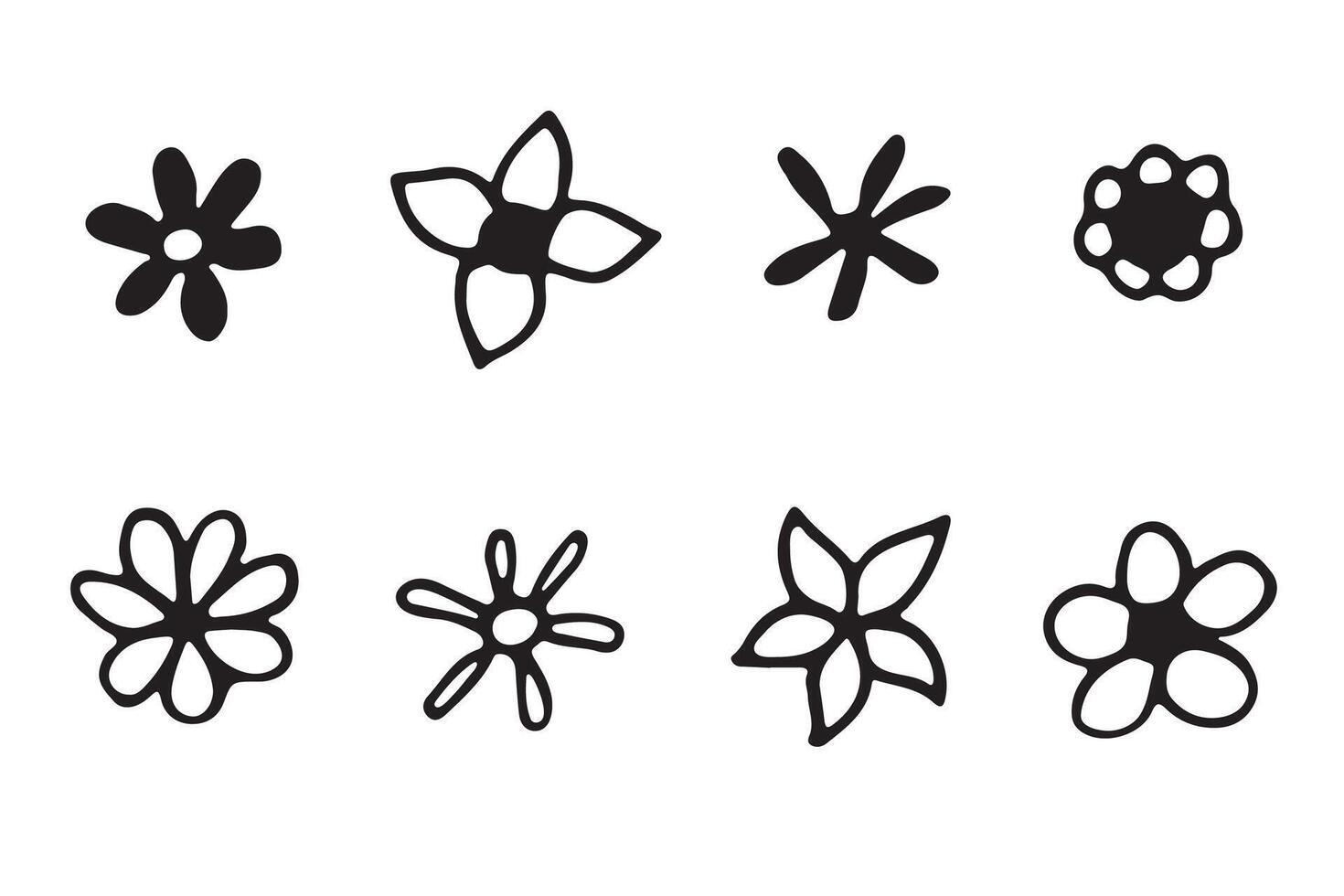 A set of black and white flower outlines with petals. Botanical isolated elements for design vector