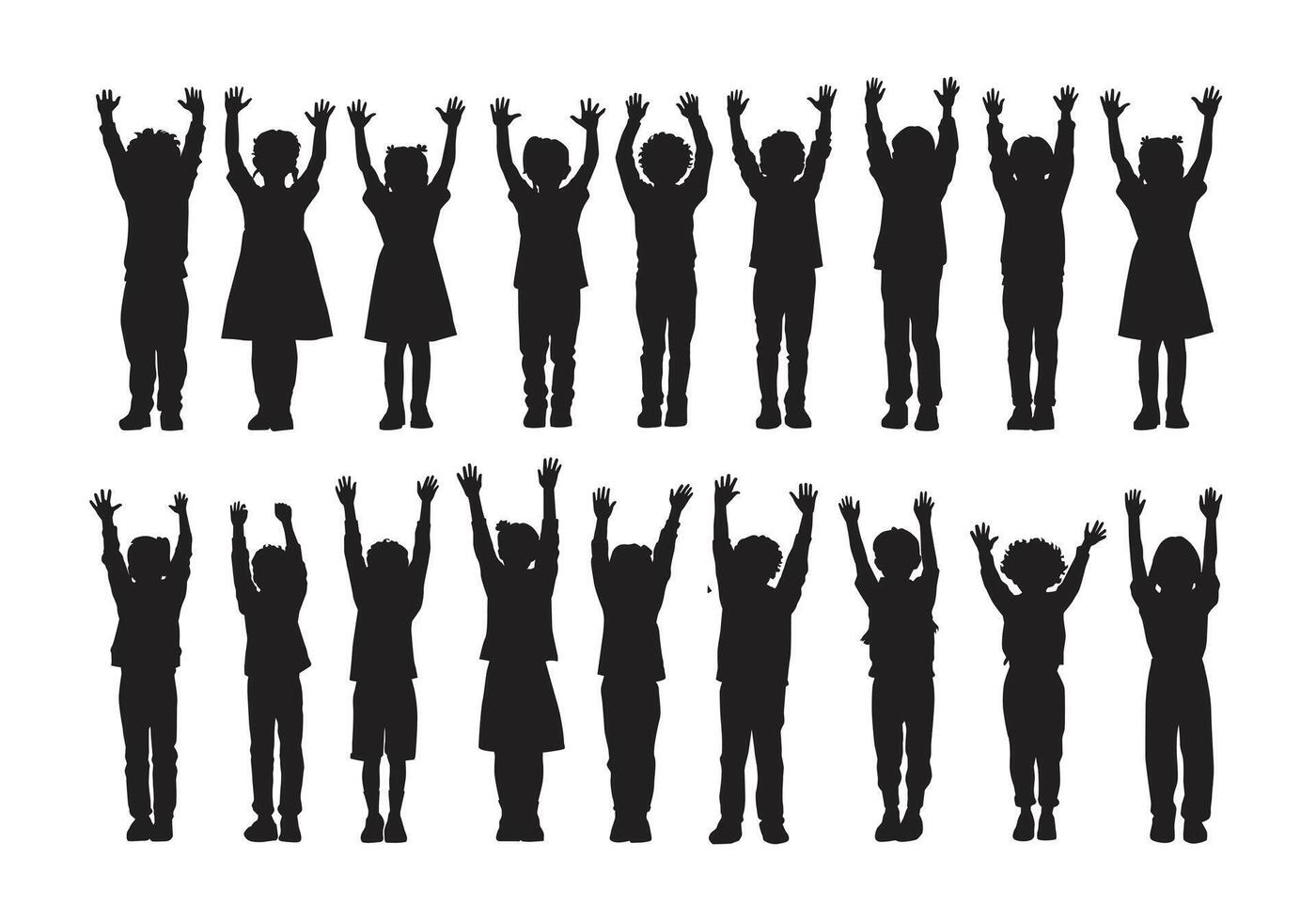 Silhouette of Children Hands Up, Black White, Illustration. Isolated object on white background. International Children's Book Day April 2. vector