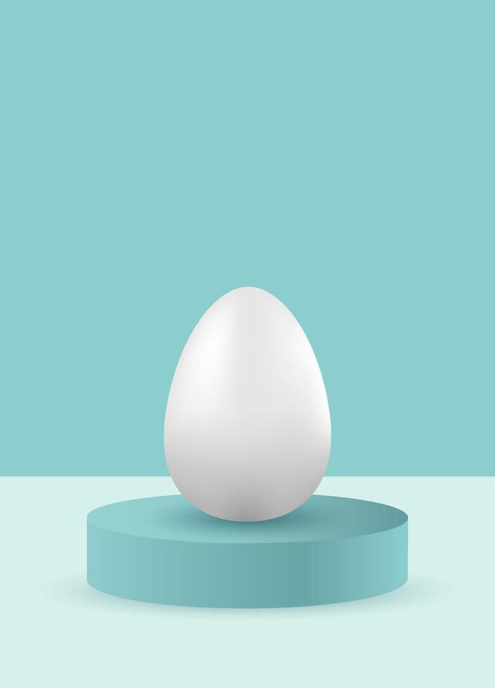 One 3D white Easter egg on a round podium on a neutral blue background. Minimalism and simplicity of aesthetics. Easter egg mockup. vector