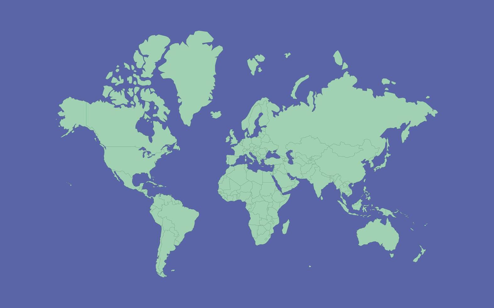 World Map in green color on blue background. Silhouette of all continent. Flat minimalist design. vector