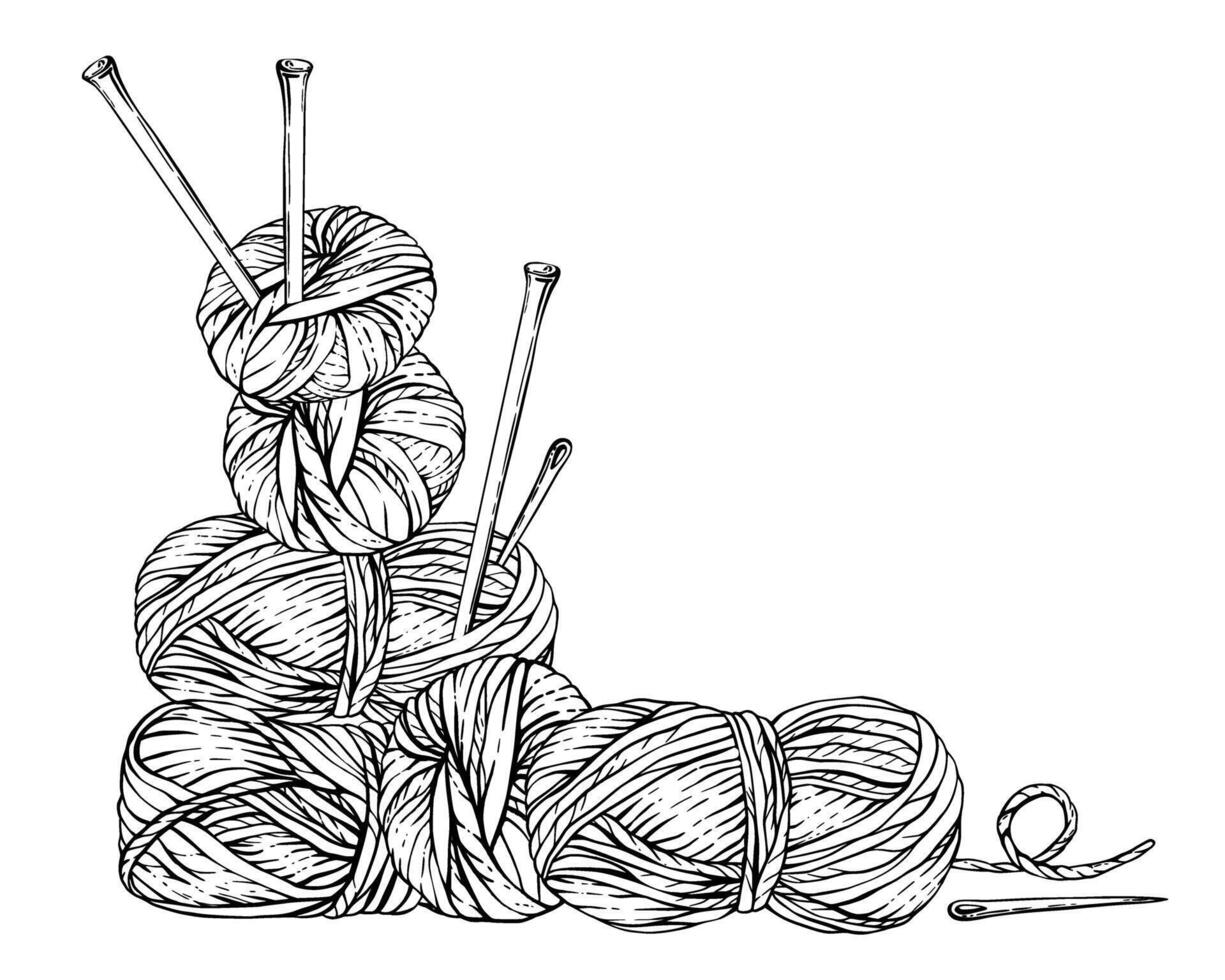 Skeins of knitting thread, balls of yarn with sewing needles and pins. line art hand drawing needlework illustration. Hobby knitting clipart for handmade product label isolated from background vector