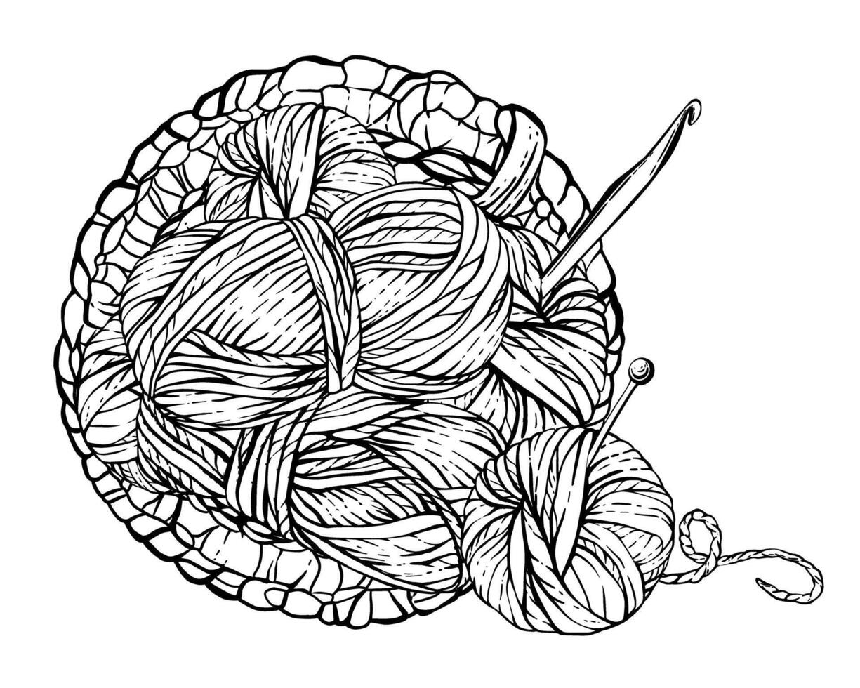 Skeins of knitting thread with needles, ball of yarn in crocheted wicker basket. black line art hand drawn illustration. Hobby knitting clipart for handicraft labelling isolated from background vector