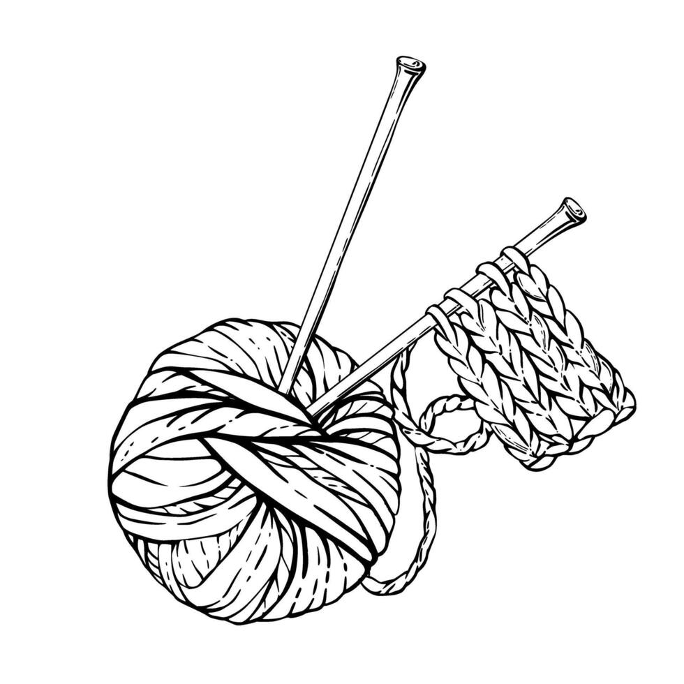 Ball of yarn with knitting needles. Skein of knitting thread. Knitted or crocheted hobby items. black line art hand drawing illustration. Hobby knitting arrangement isolated from background. vector