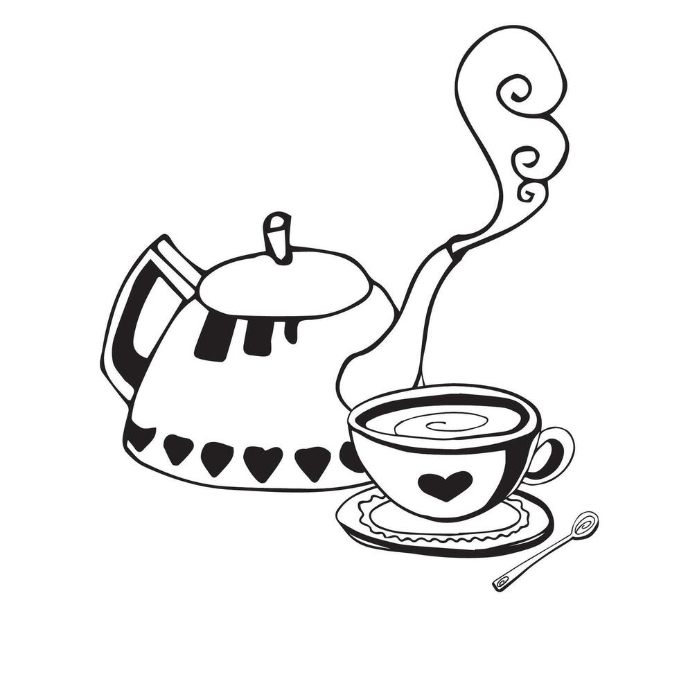 Doodle ink teapot with steam and a cup with a spoon vector