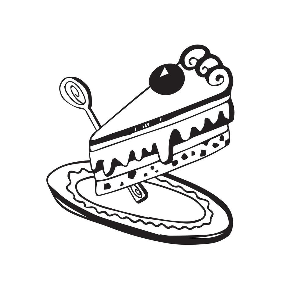 Doodle ink cake with berry on a plate with a spoon vector