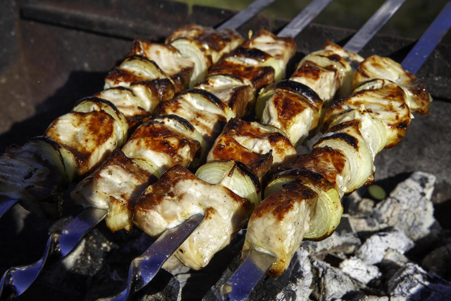 Grilled sturgeon shashlik with onions on coals. photo