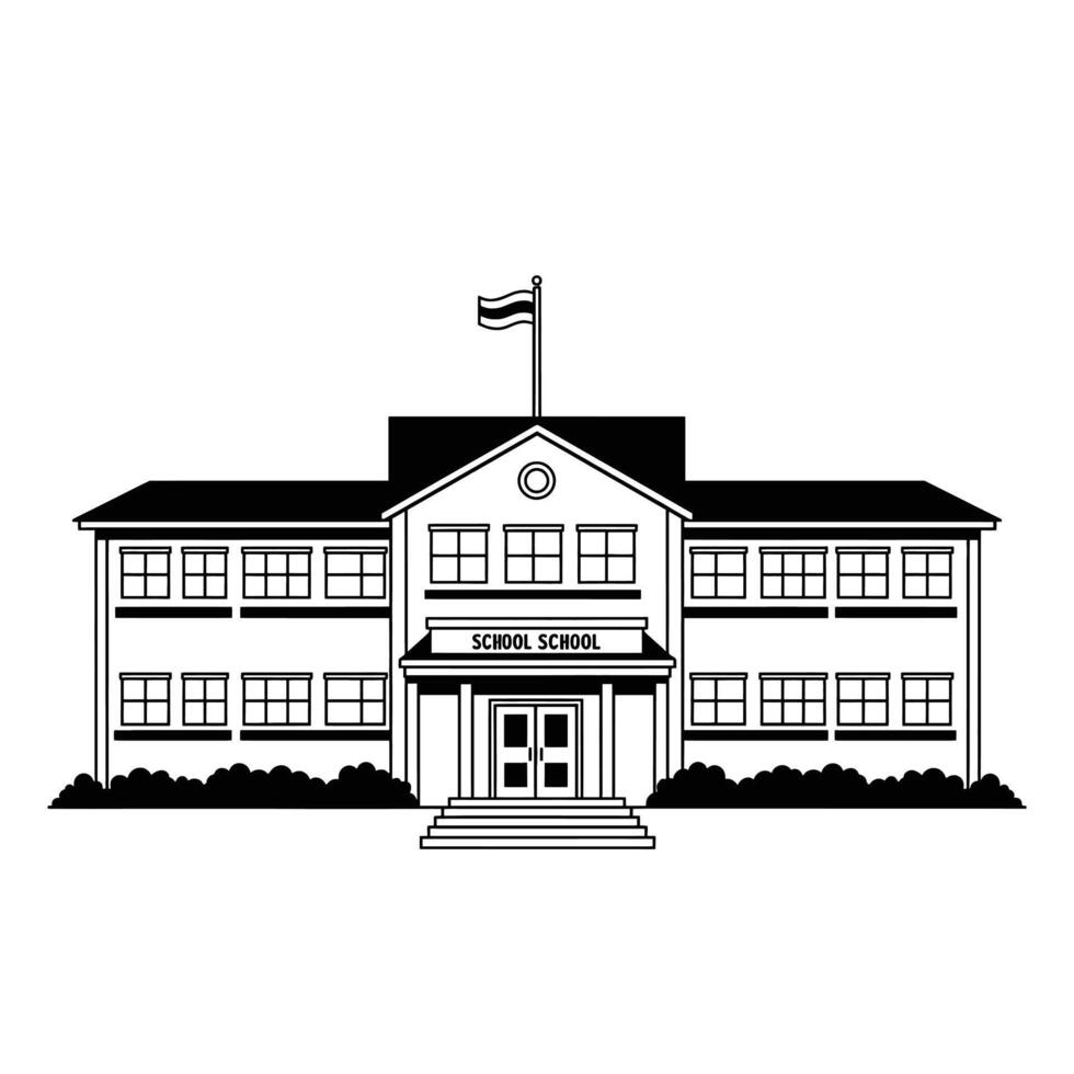 A Black and White Image of a School Building With a Flag on Top vector
