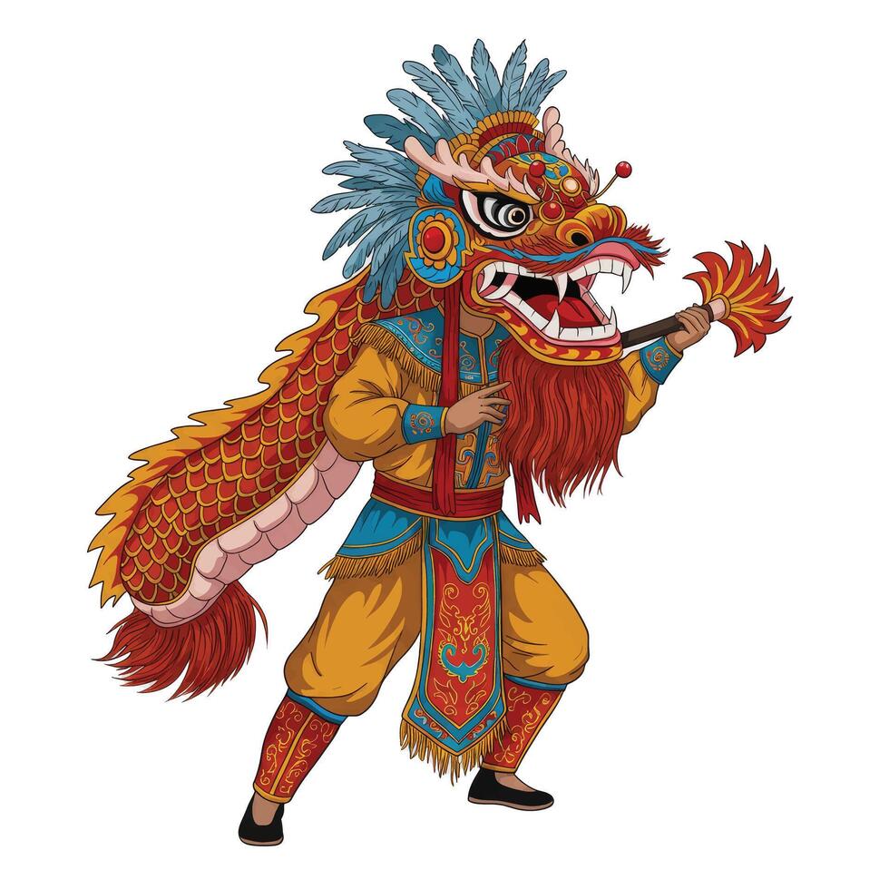 A cartoon chinese dragon with a sword vector