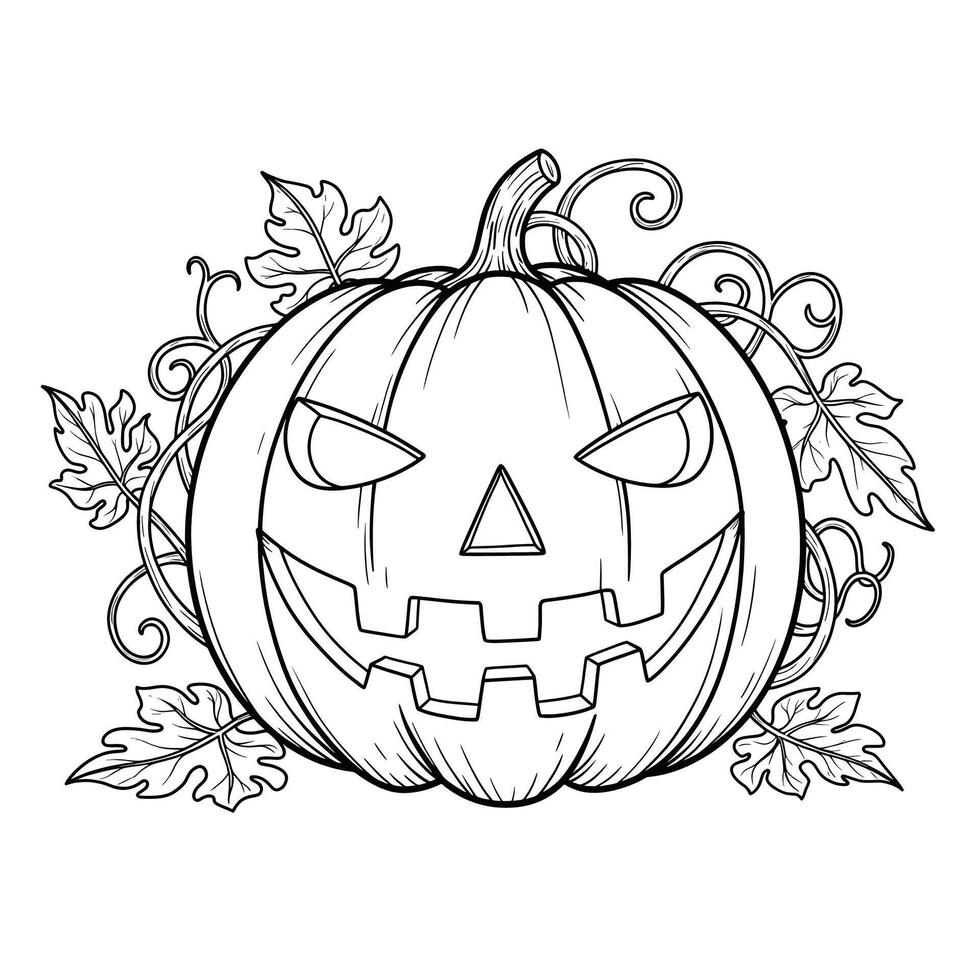 A Classic Jack-O-Lantern With a Smiling Carved Face. Add Vines and Leaves Around the Pumpkin, With Thick Outlines for Easy Coloring vector