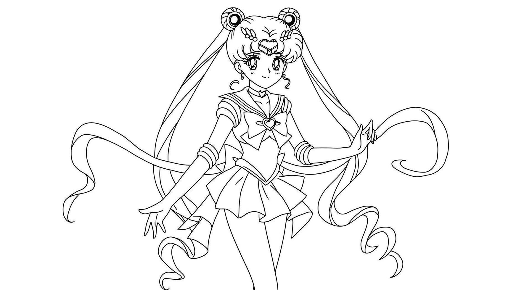 Coloring page featuring Sailor Moon in her iconic pose, with her tiara and flowing ribbons vector