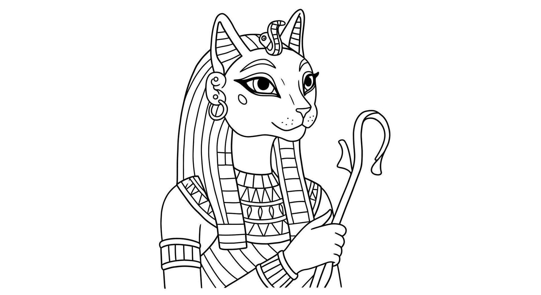 An egyptian cat with a staff coloring page vector