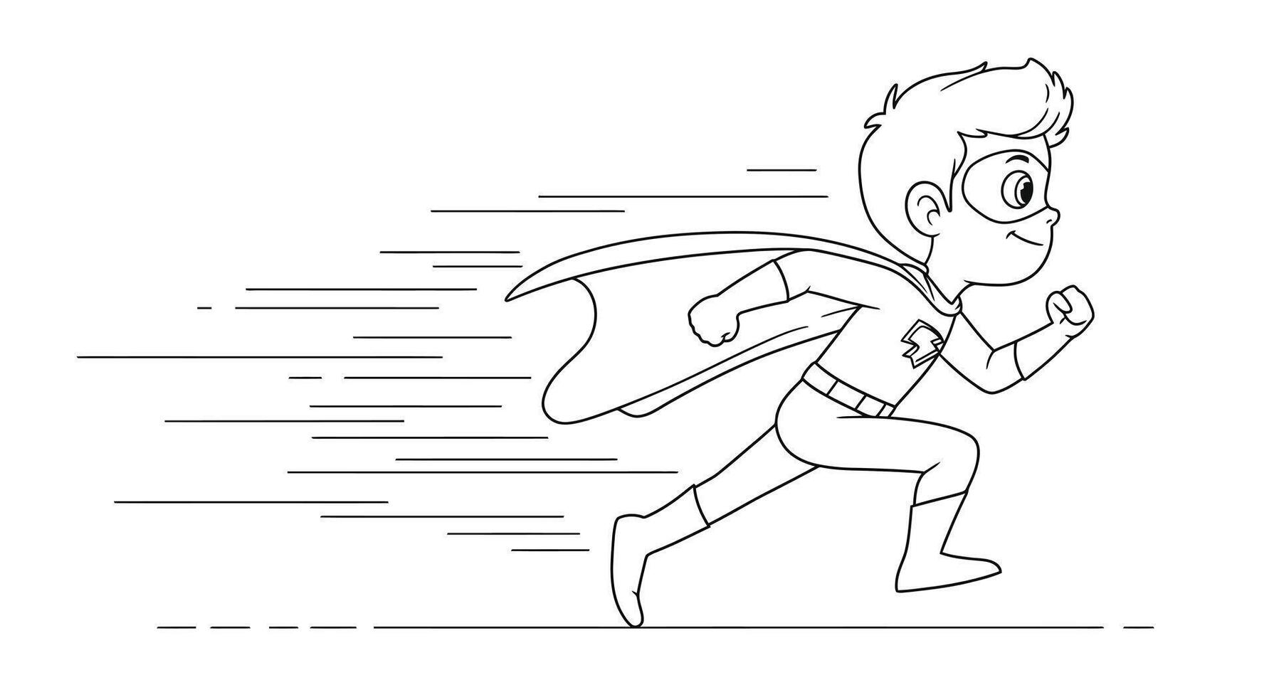 Coloring Page of a Child Superhero Running at Super Speed, Leaving a Trail of Motion vector