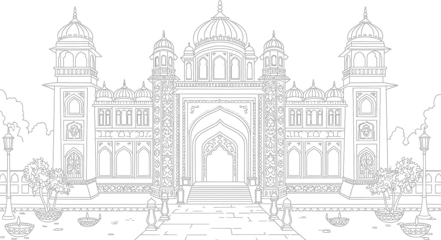 An Indian palace lit up with Diwali lights, with a grand entrance and simple architectural details for coloring vector