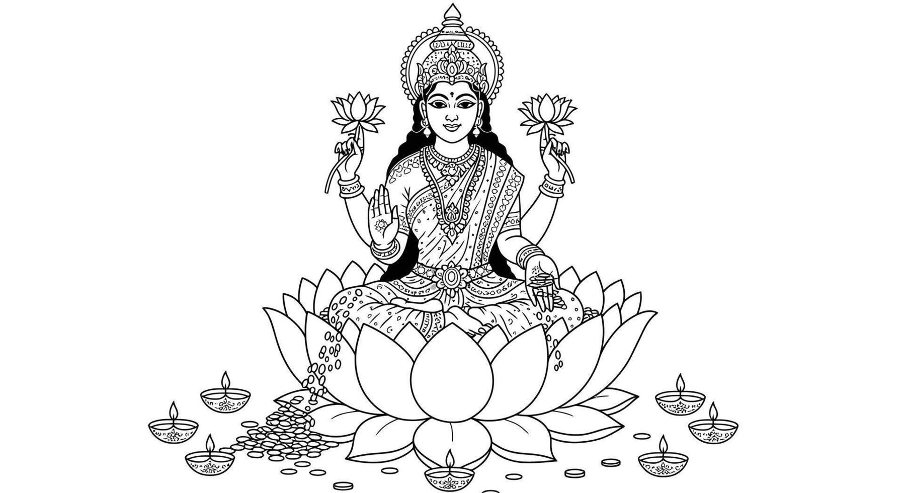 Lakshmi idol seated on a lotus flower, holding gold coins and blessing hands with small diyas placed around her vector