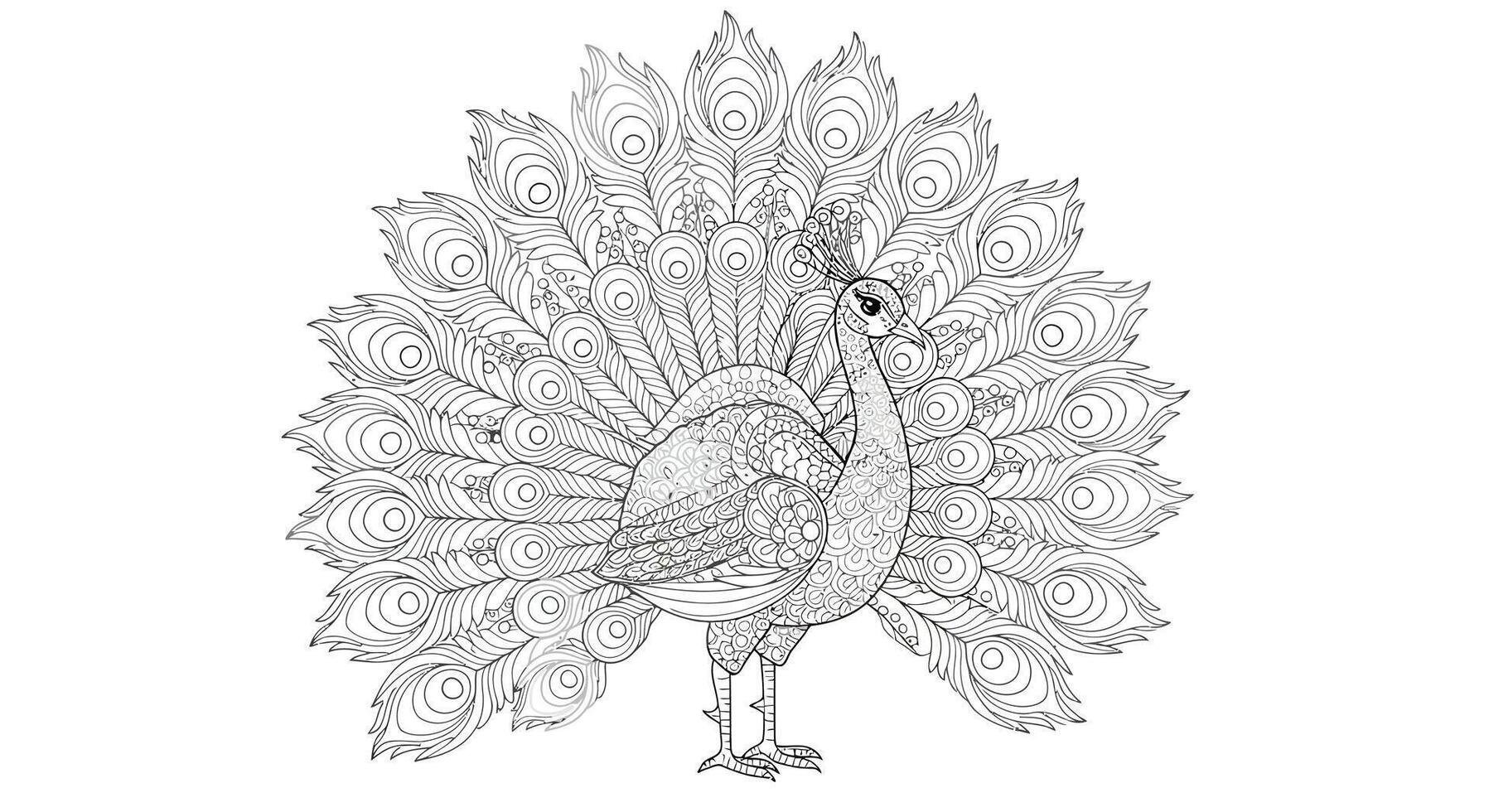 Peacock standing gracefully with stylized feathers designed for easy coloring, symbolizing beauty and prosperity during Diwali vector