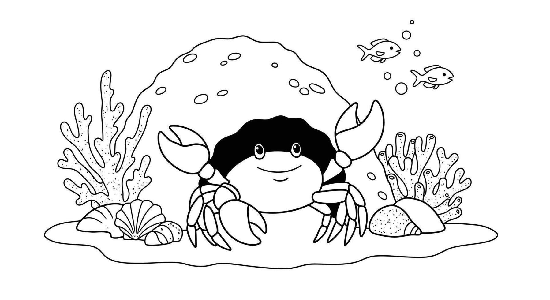 A crab and fish coloring page for kids vector