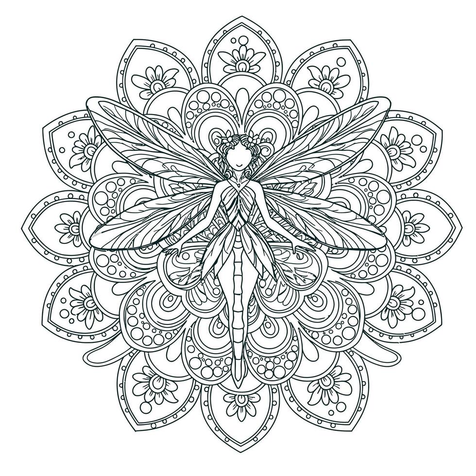 A coloring page with a fairy in the middle of mandala vector