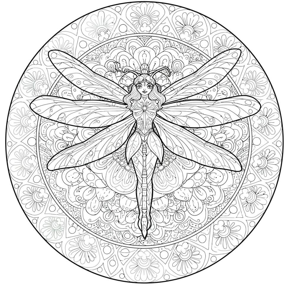A dragonfly coloring page with a mandala vector