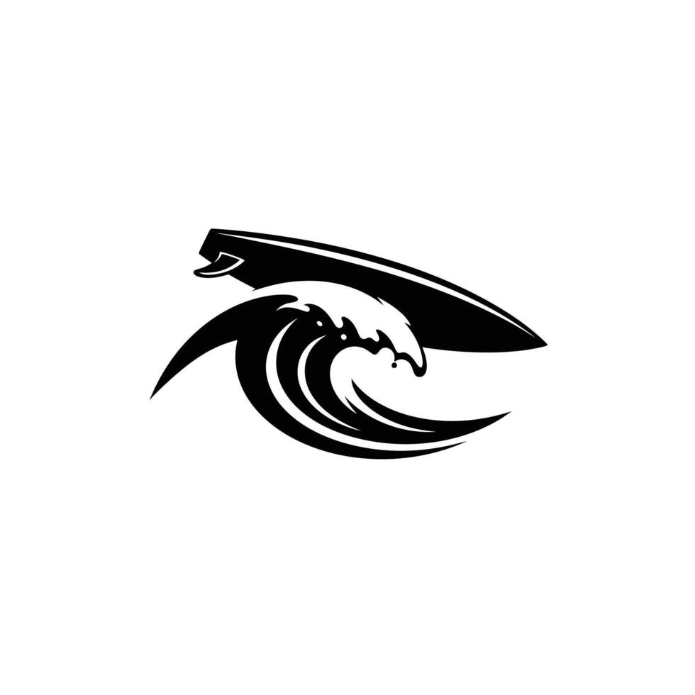 A black and white logo of a wave and a surfboard vector