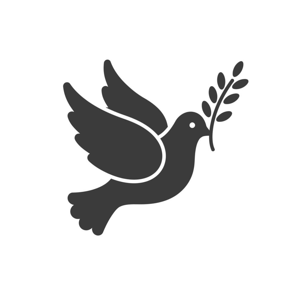 A black and white illustration of a dove with an olive branch vector