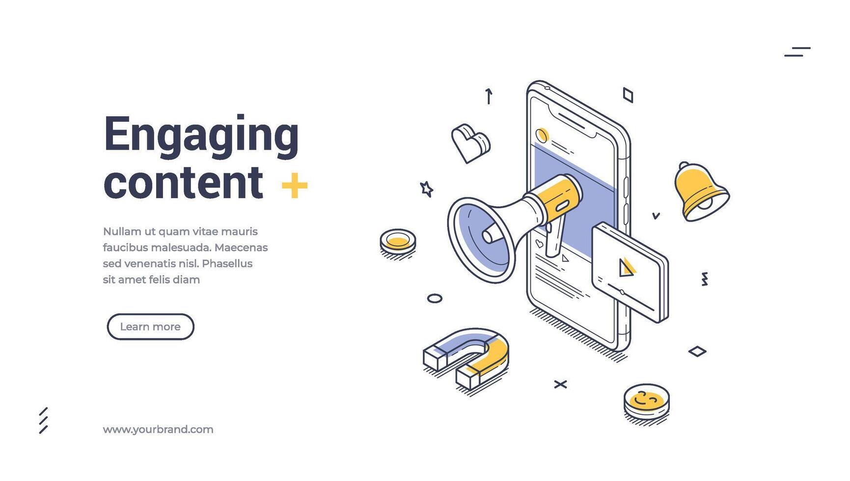 Engaging content web banner template showcasing isometric design and promotional elements vector