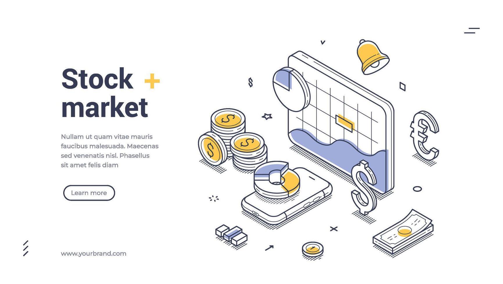 Isometric line illustration template for stock market web banner design vector