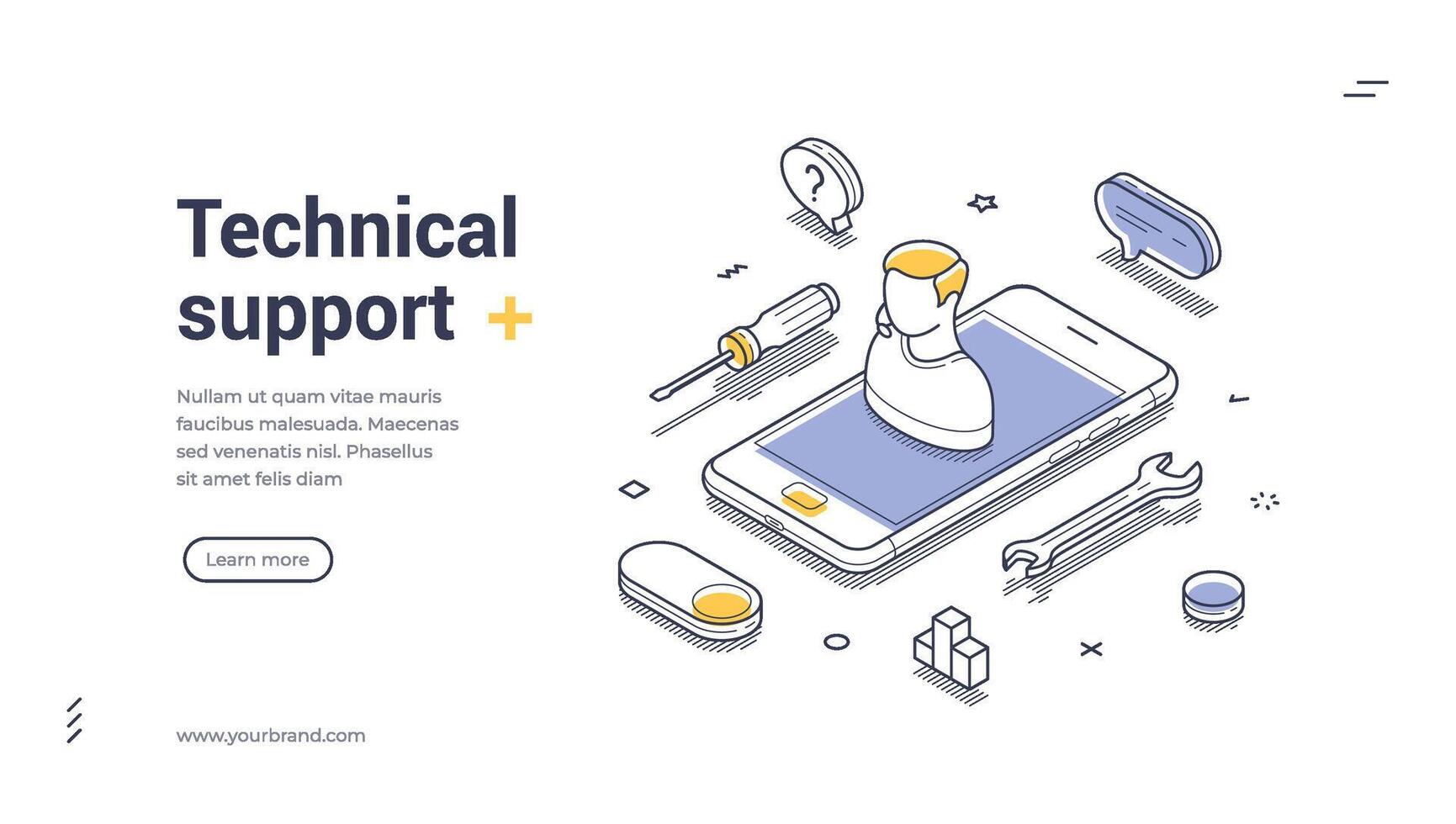 Technical support web banner template featuring isometric design and tools vector