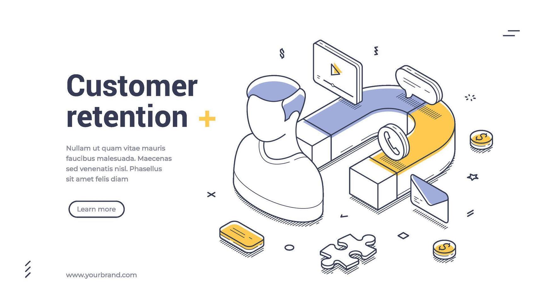 Customer retention strategies illustrated in an isometric web banner template for engaging users vector