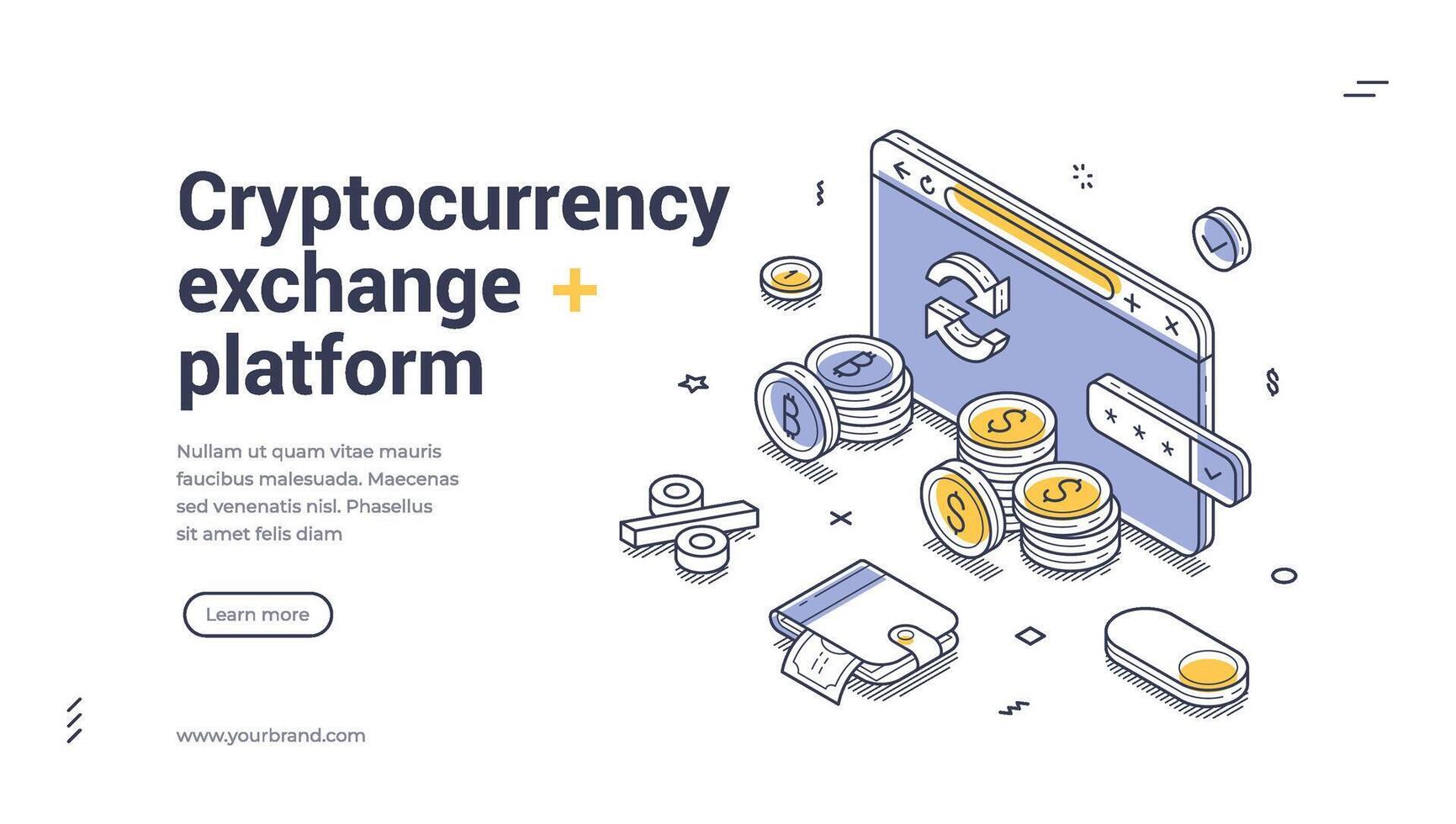 Web banner template for cryptocurrency exchange platform with isometric design vector
