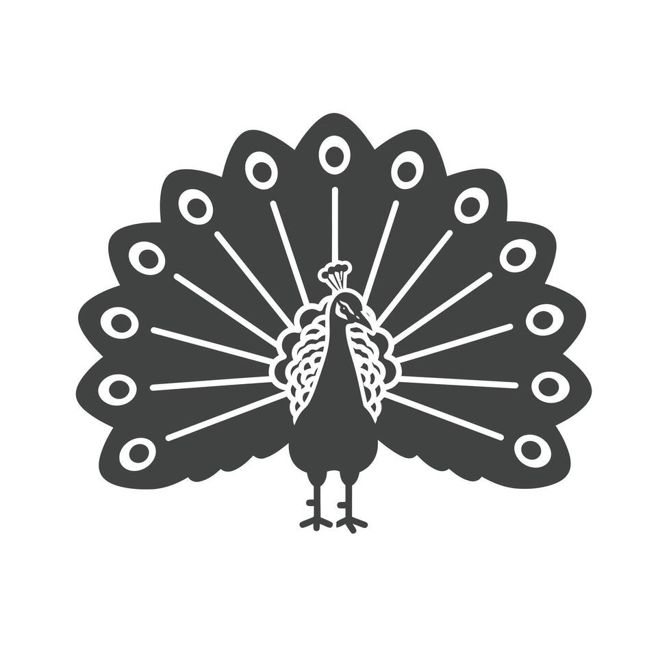 A black and white illustration of a peacock vector