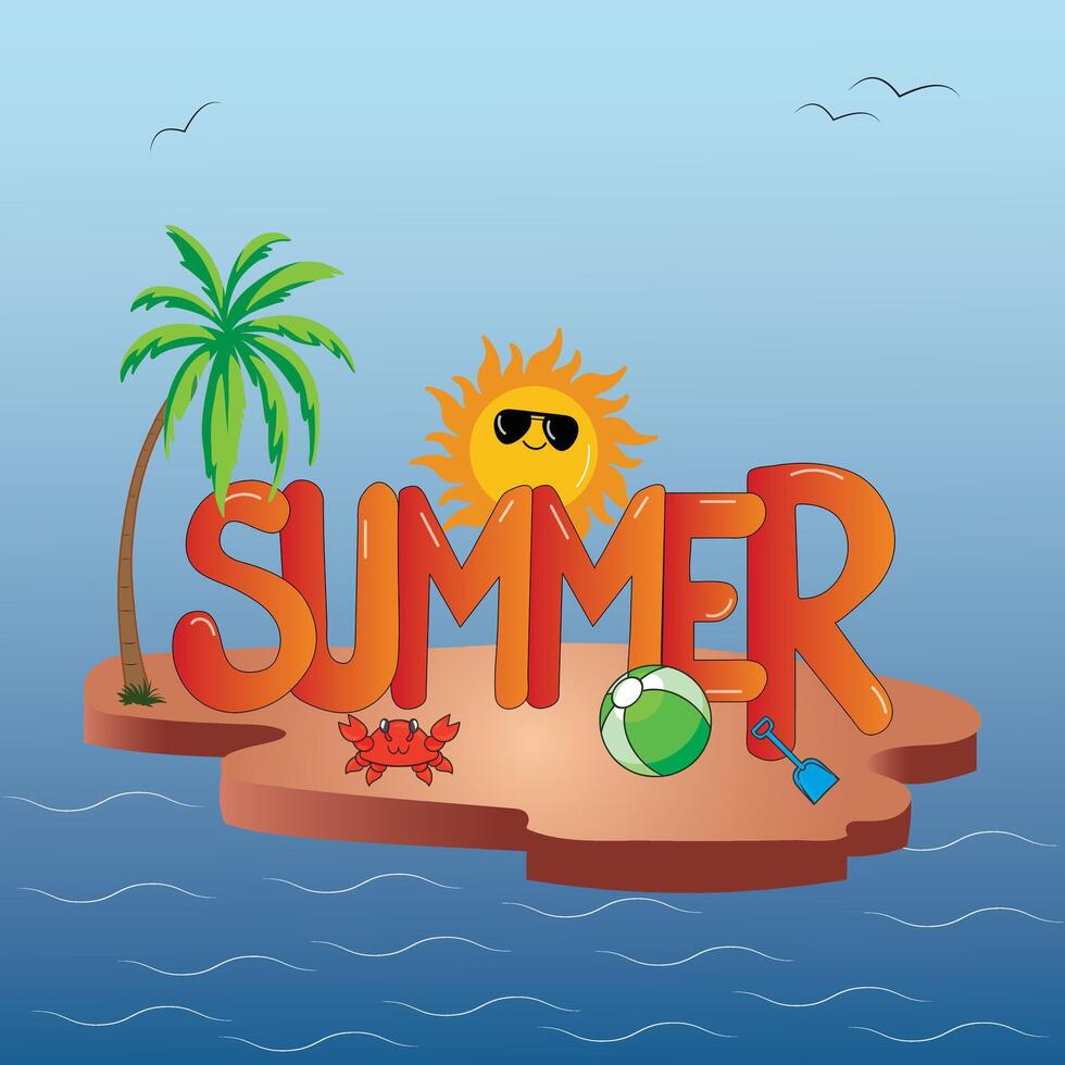 Summer Illustration with Sun, Palm Tree, and Island vector
