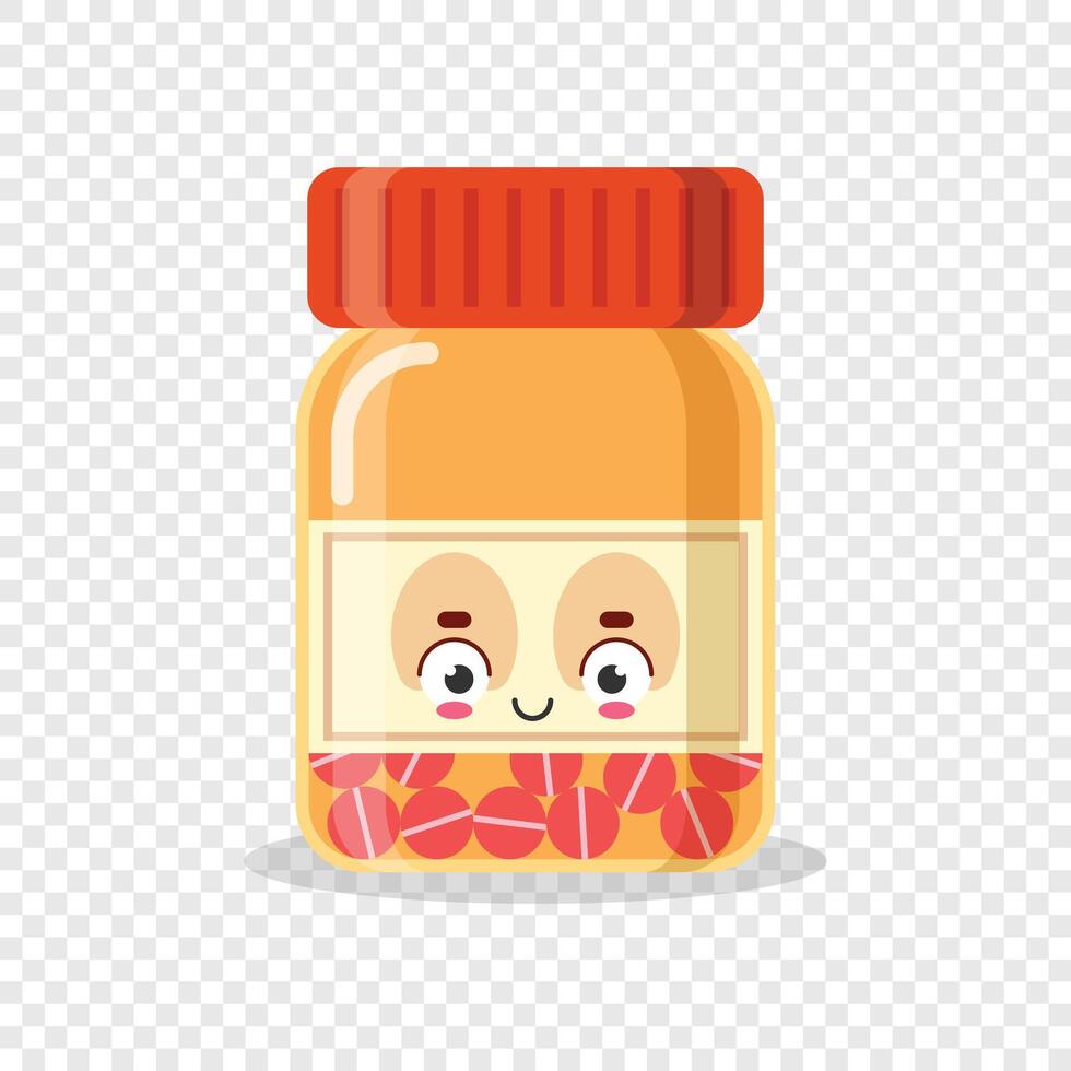 Cartoon medicine bottle with face and red lid vector