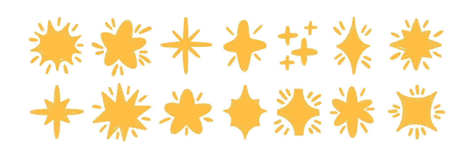 Set of doodle stars with twinkle and sparks with crayon, chalk or pastel texture. Playful elements for kids design. Yellow illustration on a white background. vector