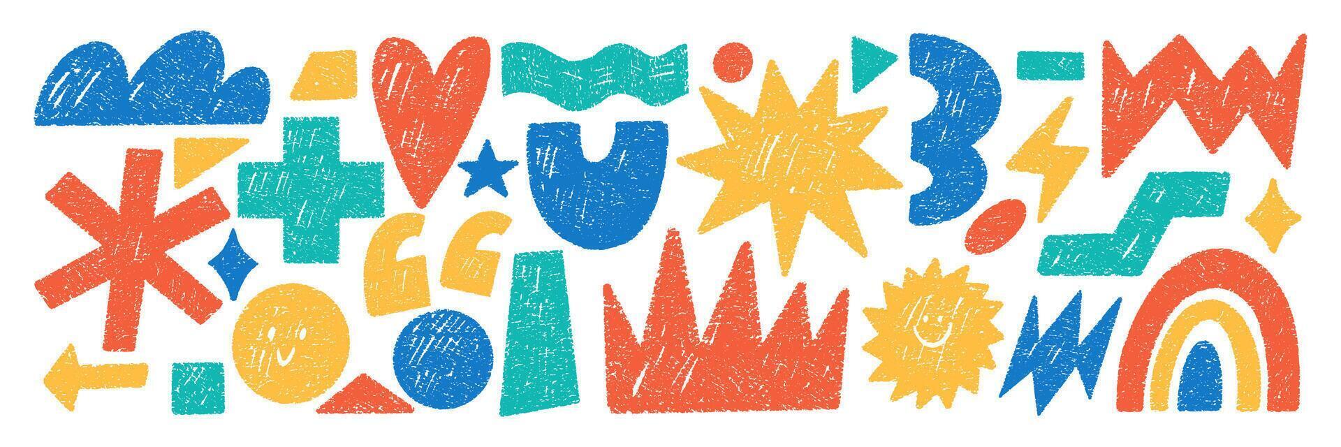 Set of playful elements with crayon, chalk or pastel texture. Star, cloud, cross and rainbow for kids design. Hand drawn color illustration on a white background. vector