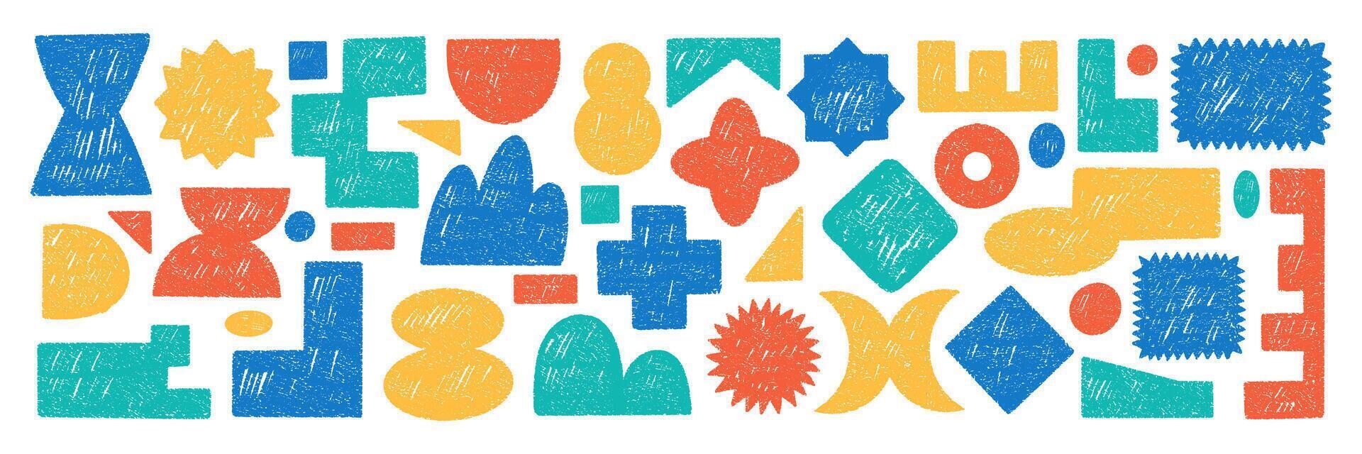 Set of y2k elements with abstract geometric shapes. Rectangle, circle and heart with crayon, chalk or pastel texture. Hand drawn color illustration on a white background. vector