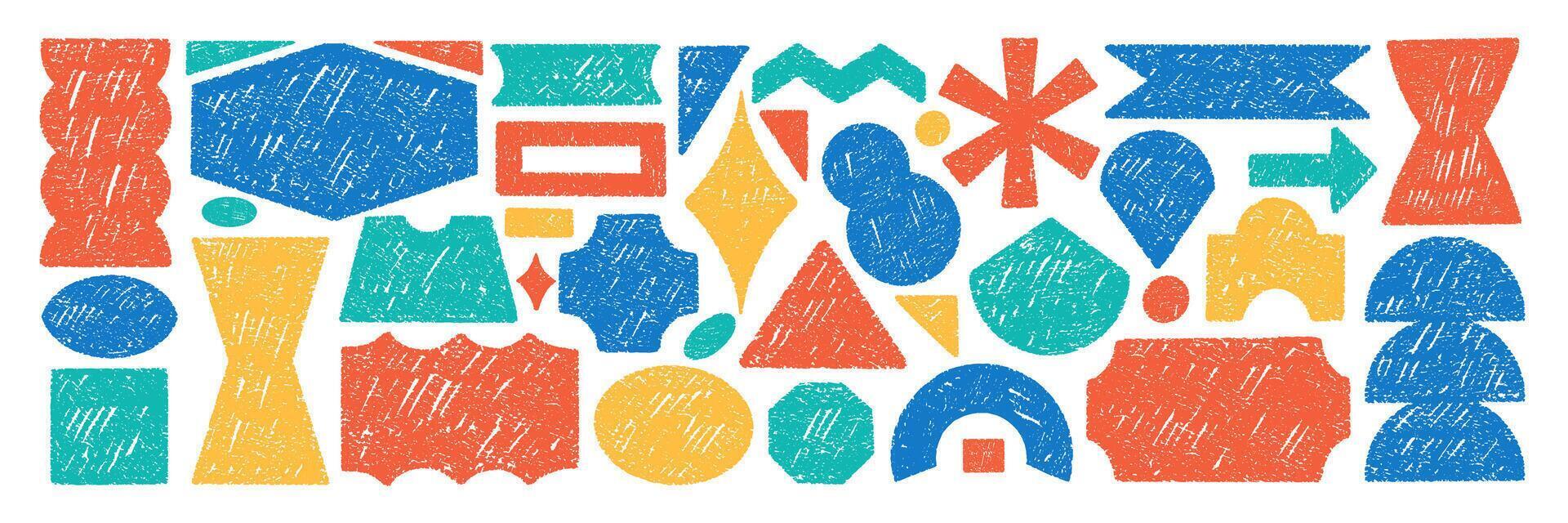 Set of playful elements with abstract geometric shapes. Rectangle, circle, oval and zigzag with crayon, chalk or pastel texture. Hand drawn color illustration on a white background. vector