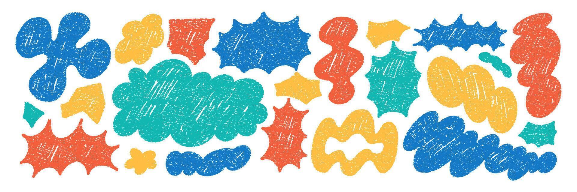 Set of playful elements with abstract liquid shapes. Speech bubbles, cloud and flower with crayon, chalk or pastel texture. Hand drawn color illustration on a white background. vector