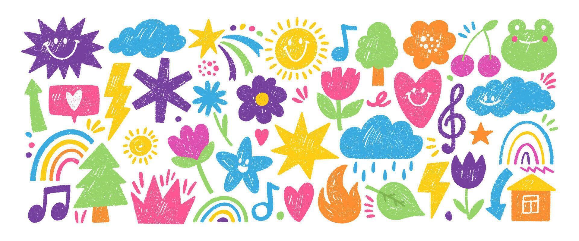 Set of playful elements with crown, music, rainbow and arrow with crayon, pastel or chalk texture. Cute shapes for kids design. Doodle illustration on a white background. vector