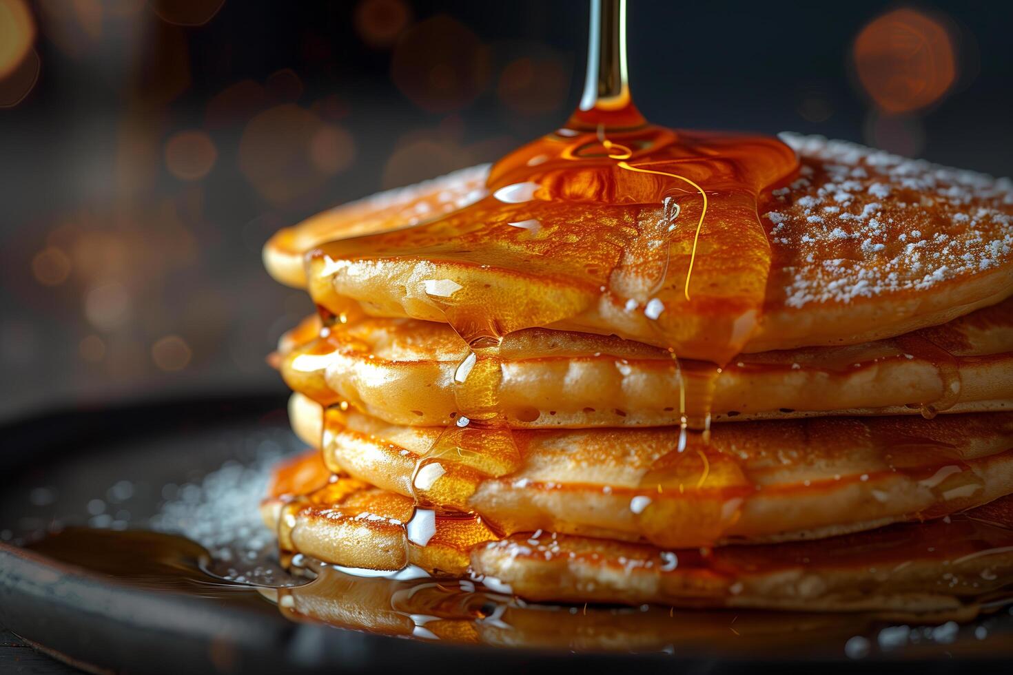 A stack of pancakes with syrup being poured on top photo