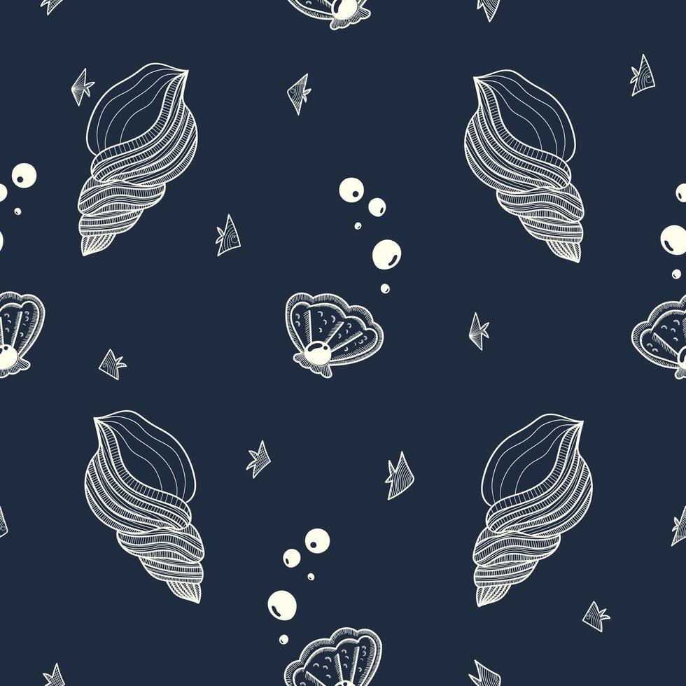 pattern with hand drawn shells and pearls with scallop, on blue background vector