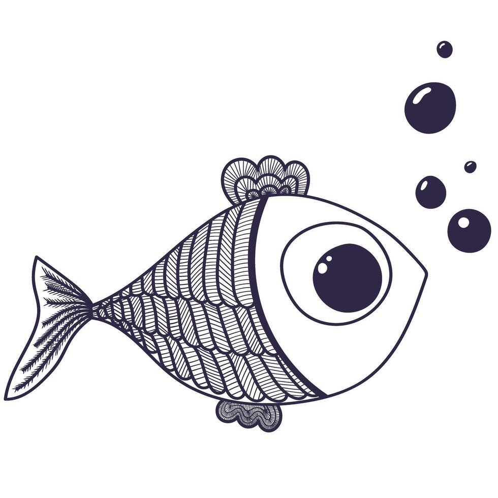 cute sea fish with bubbles hand drawn with simple lines on transparent background vector