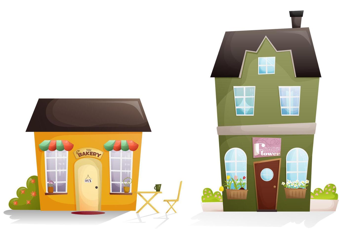 fairy houses bakery and flower shop in rich colors, detailed for board games, books, fairy tales vector