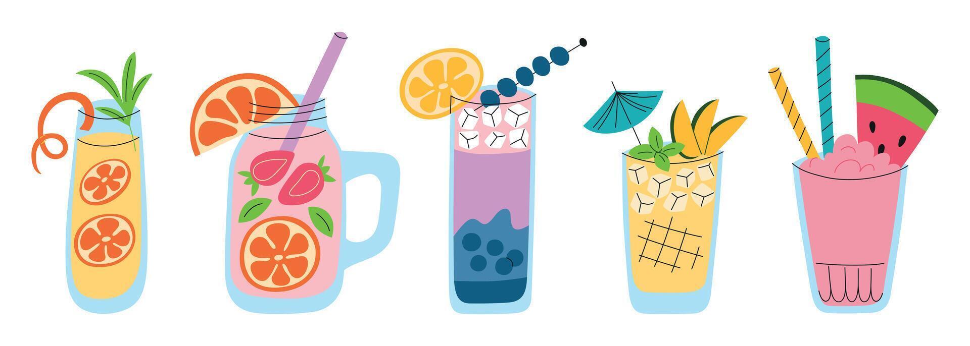illustration of five colorful summer cocktails with fruit, ice, and decorative elements. Refreshing alcohol drinks with berries for parties, holidays, tropical themes. Flat cartoon mocktails vector