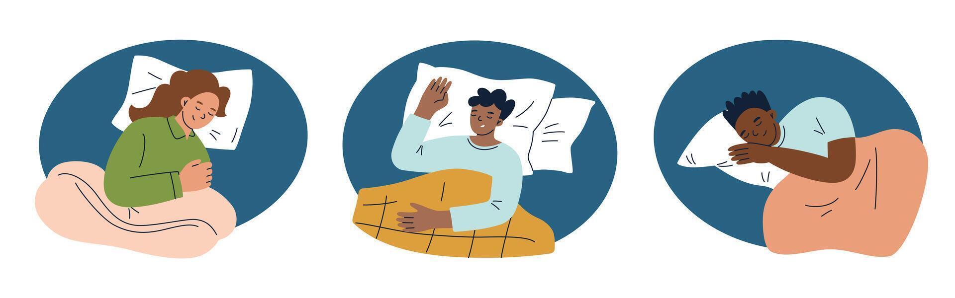 Collection of minimalist scenes with sleeping people in pajamas, with blankets, pillows, and bedding items. Healthy sleep illustrations, natural fabrics, relaxation, and cozy atmosphere vector