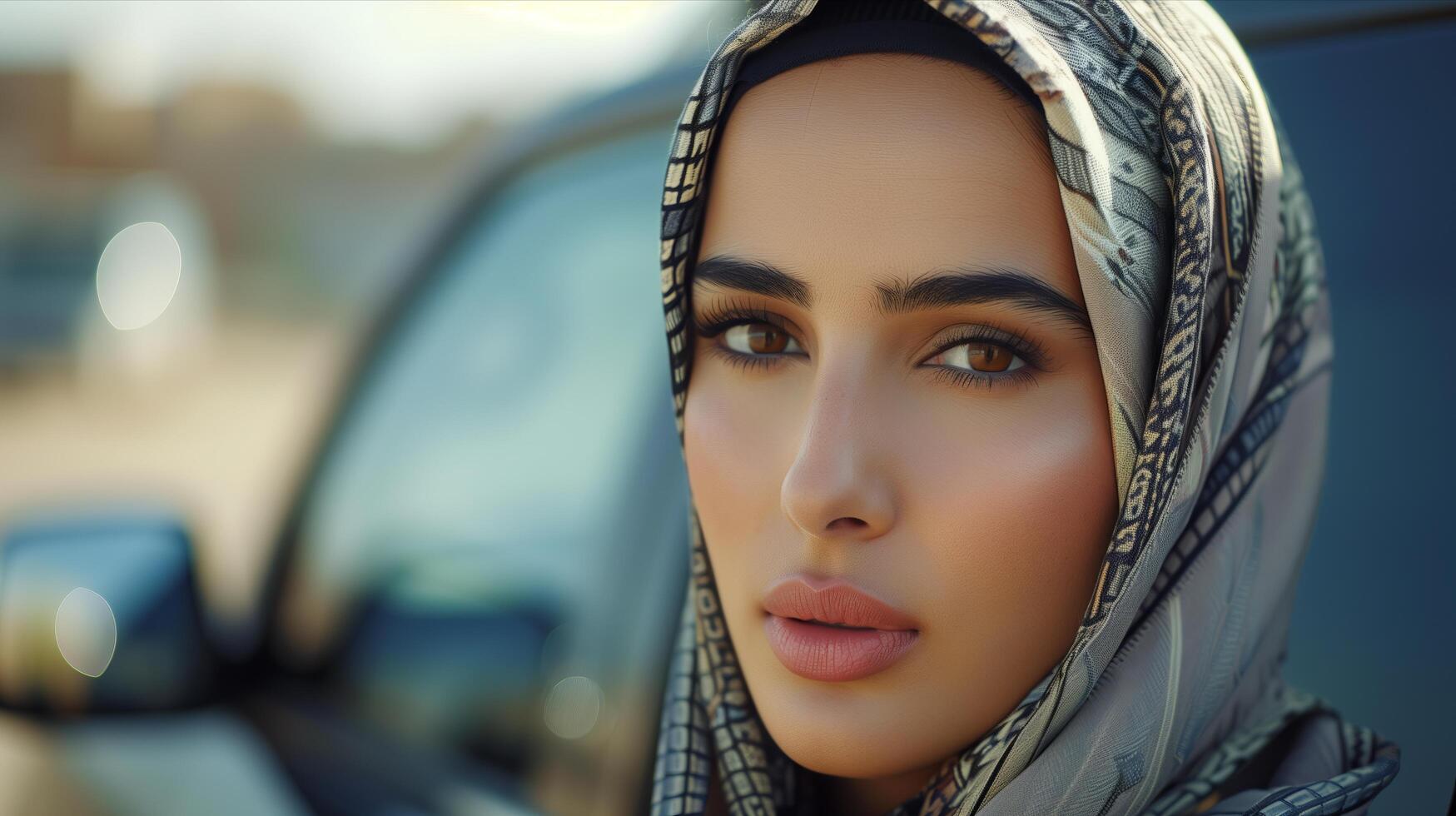 A woman wearing a headscarf is looking into the camera photo