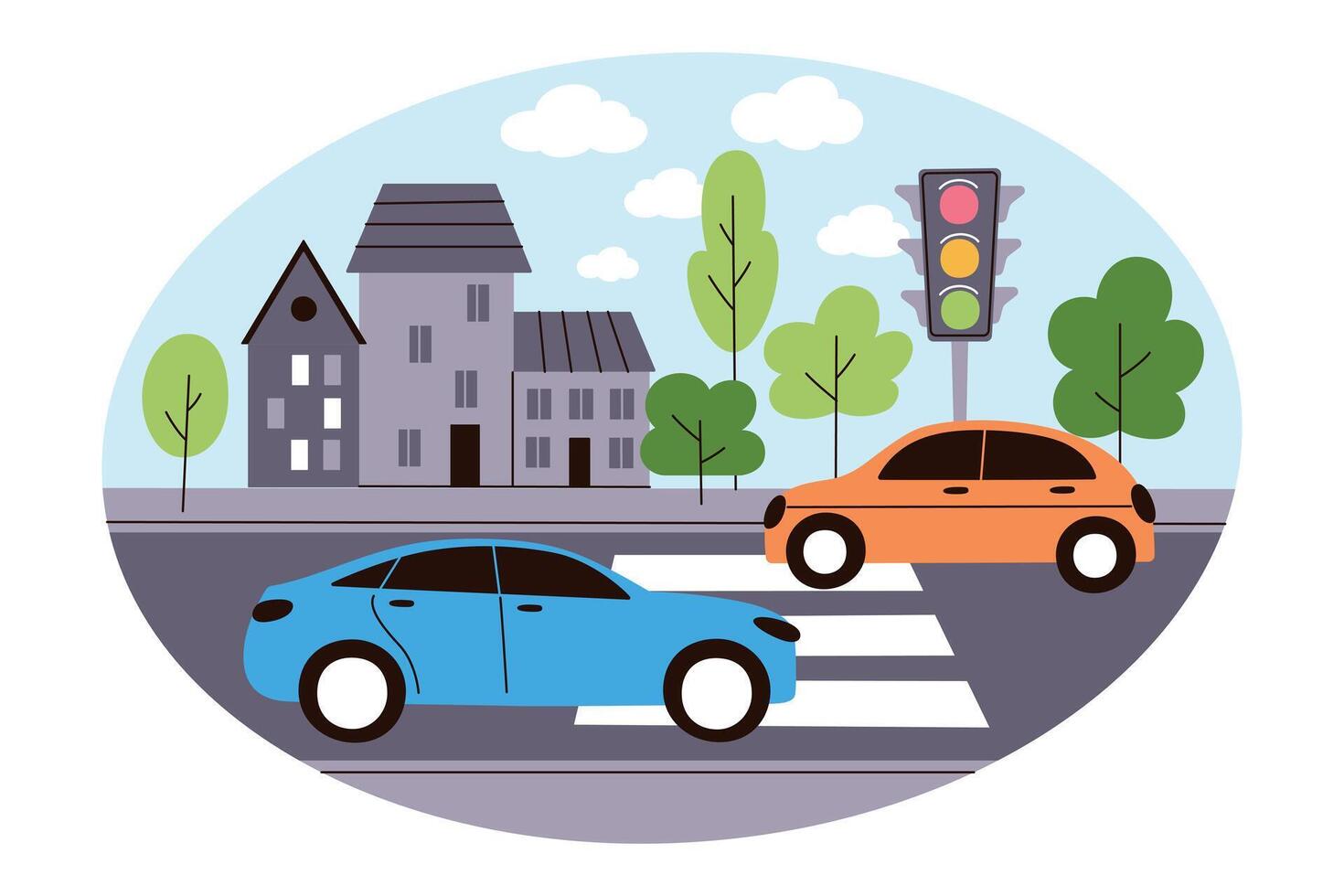 Flat cartoon illustration of pedestrian crossing with traffic lights, cars on road, and city background with buildings and trees. Summer day, transportation, urban life, road safety composition vector