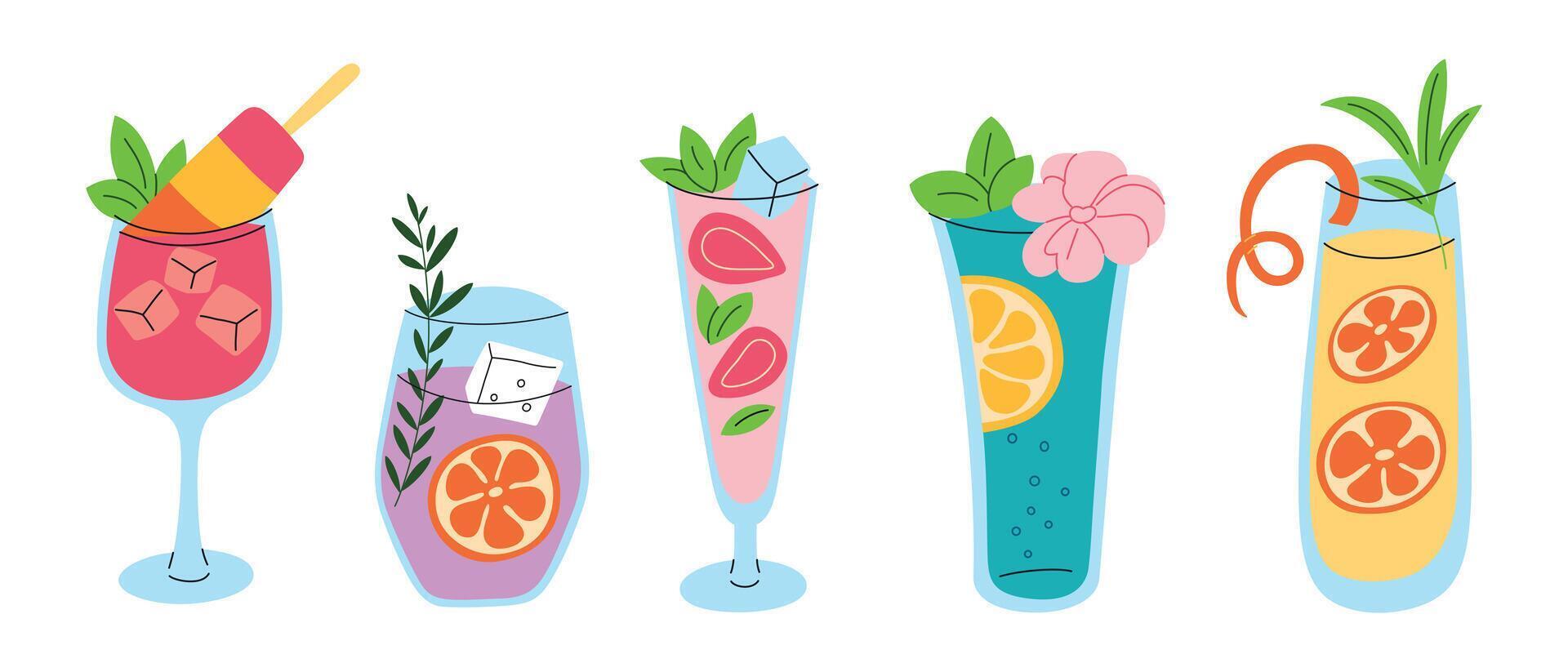 Set of summer cocktails and mocktails with fruits, berries, ice, and mint. Colorful drinks in tropical glasses, featuring lemon, orange, strawberry, and refreshing ice cubes. Flat cartoon illustration vector