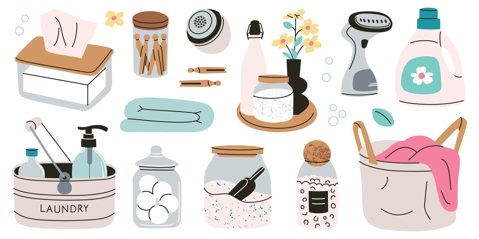 illustration of aesthetic laundry collection with stylish detergent bottles, fabric care containers, wooden clothespins, steamer, and fresh linen. Modern home organization. Flat cartoon doodles vector