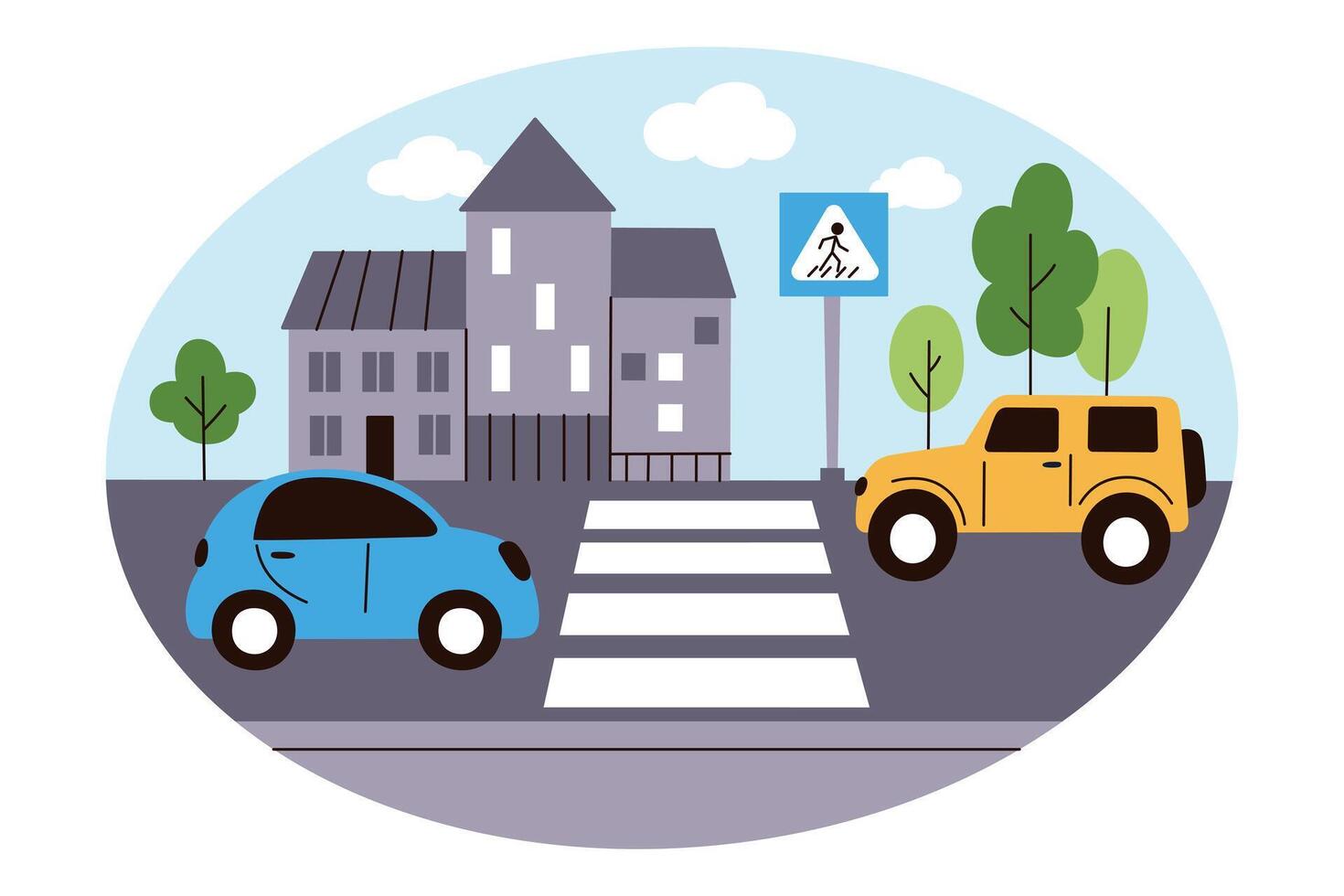 illustration of city street with pedestrian crossing. Colorful cars are stopped at zebra crossing, trees and buildings on background. Simple cartoon style, isolated colored clipart vector