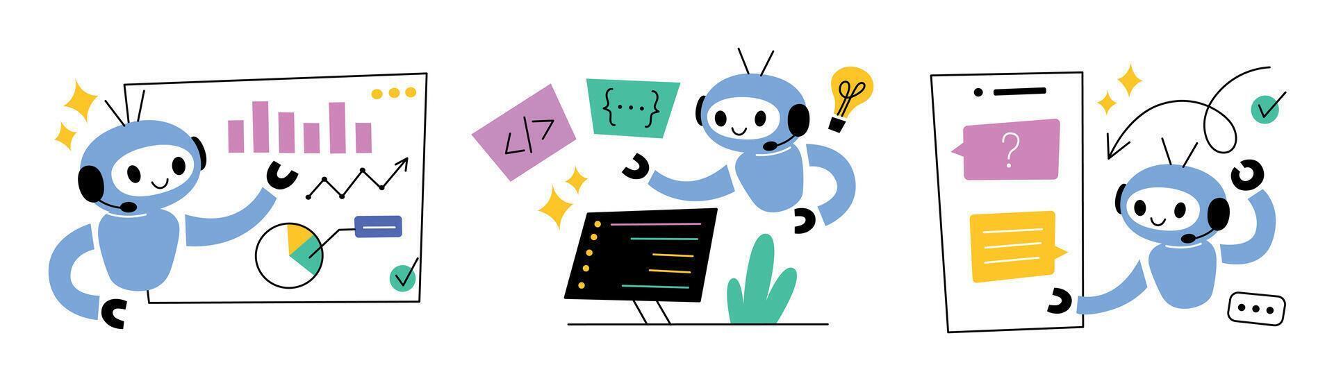 Collection of cute AI robot assistant scenes. Flat cartoon illustrations of artificial intelligence analyzing data, charts and dashboards, coding, editing, answering questions in chatbot set vector